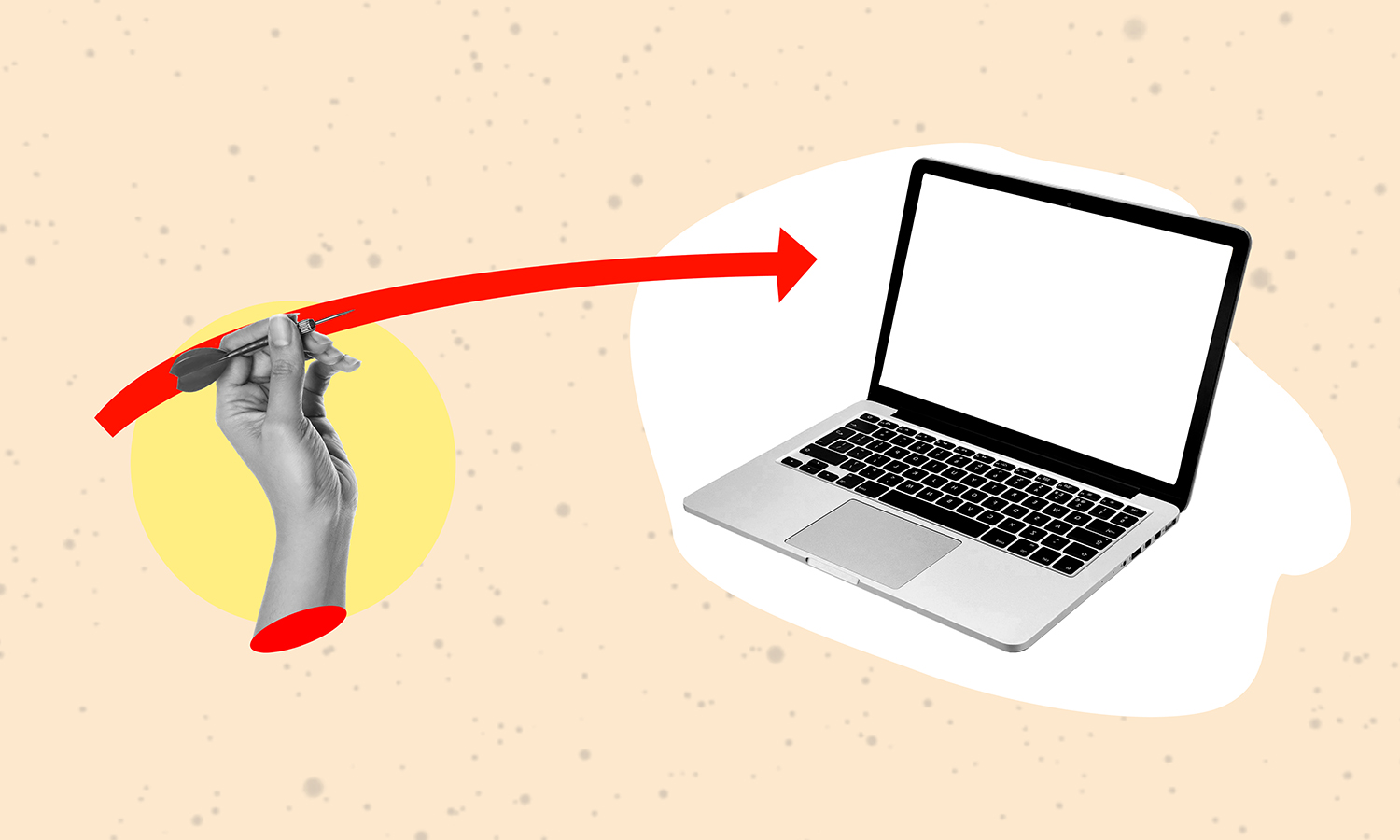 Sketch of a collage poster of a hand with a dartboard and a laptop